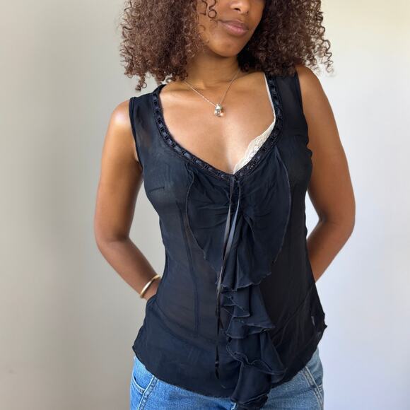 Vintage euro Black Sheer Silk-Feel Ruffle Blouse with Side Zip (S/M) - Picture 6 of 7